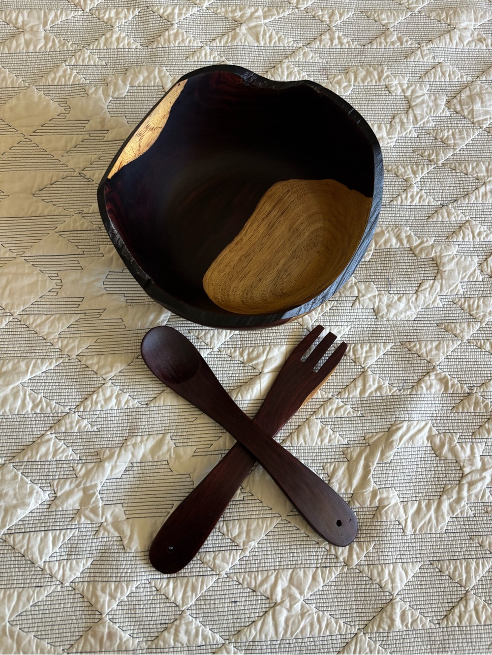 Handcrafted Two-Tone Wooden Salad Bowl with Servers